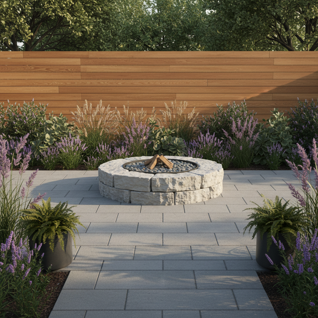 Modern landscaped backyard with stone patio and native plants